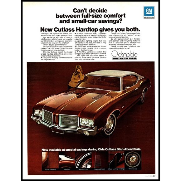 1971 Oldsmobile Cutlass 2 Door Hardtop Vintage Print Ad Brunette Model Wall Art - Picture 1 of 1